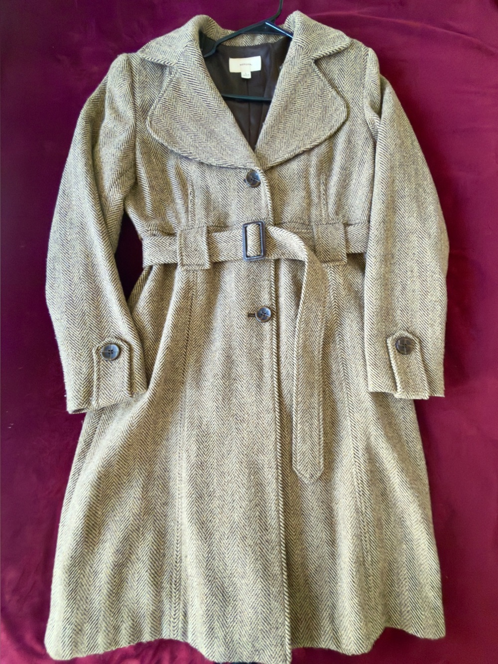 Merona Brown Herringbone Wool Blend Belted Long Coat Sz L